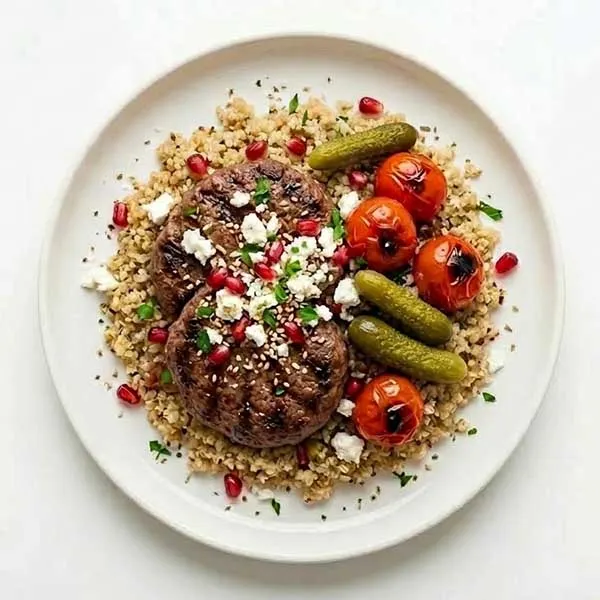 Pomegranate glazed beef burger bowl with feta, baked tomatoes & gherkins